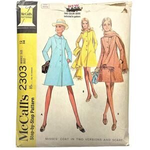 McCall's 2303 Sewing Pattern Misses' Coat in 2 Versions & Scarf Size 12 - Uncut